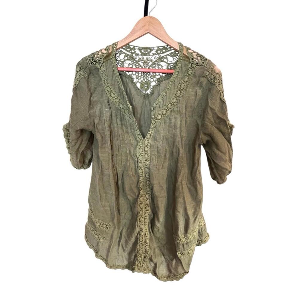 Olive Green Boho Lace Crochet Peasant Blouse Tunic‎ Top Women's Size Medium